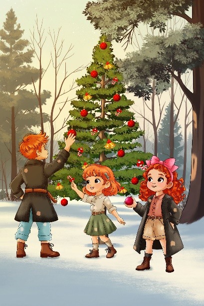 Cartoon style illustration example — children decorating a Christmas tree