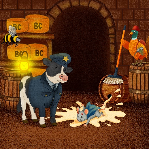 Children picture book illustration example — animal characters in a barn setting
