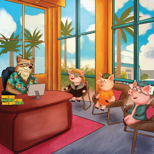 Children picture book illustration example — animal characters in an office setting