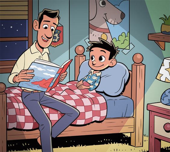 Line art illustration example — father reading a book to child at bedtime